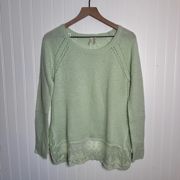 Frenchi Sweaters - Frenchi Mint Green Sheer Lightweight Sweater with Lace Hem Women’s Size Medium